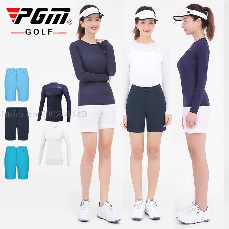 Calções de golfe pgm define feminino manga longa protetor solar camiseta shorts elásticos terno senhoras respirável secagem rápida roupas de golfe