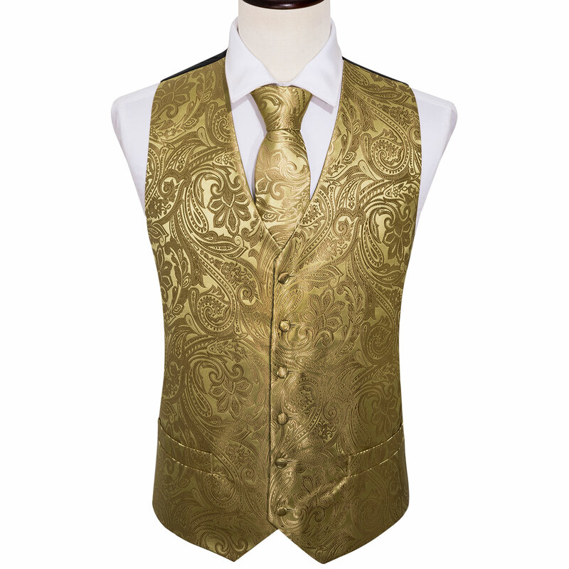 4PC Mens Extra Silk Vest Party Wedding Gold Paisley nero verde blu rosso Solid Gilet Tie Suit Set Gilet maschile Barry.Wang