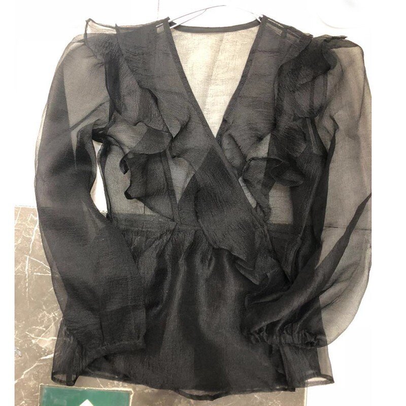 Galcaur Perspectief Shirts Voor Vrouwen V-hals Puff Lange Mouwen Bandage Tuniek Kowknot Blouses Vrouwelijke Casual Kleding 2020 Herfst Nieuwe