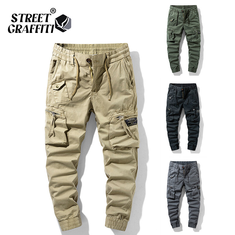 Pantalones Cargo de algodón para hombre, ropa informal a la moda, cintura elástica, Tipo Cargo, primavera, 2023