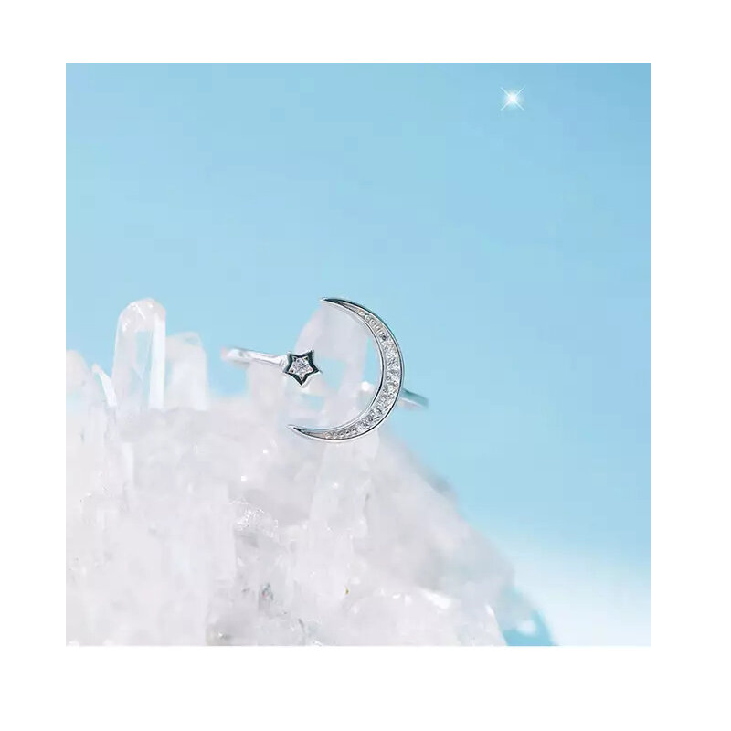 Eenvoudige Zirkoon Moon Star 925 Sterling Zilveren Ringen Voor Vrouwen Meisje Maat Verstelbaar S-R467