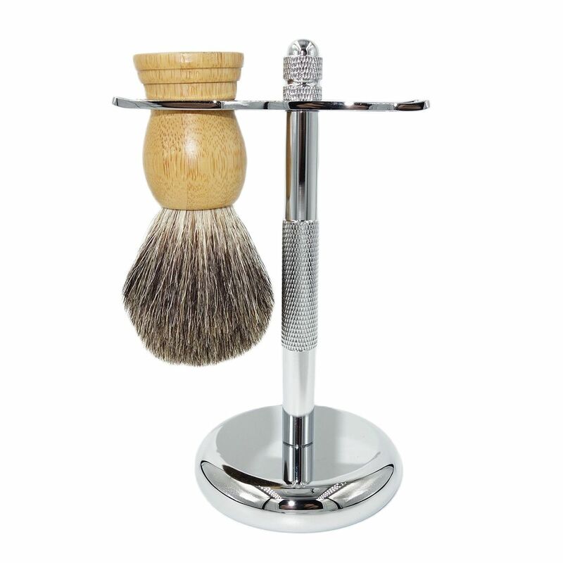 IRAZOR-Kit de herramientas de afeitado para hombre, soporte para maquinilla de afeitar de doble filo, con mango de bambú, cepillo de pelo de tejón puro