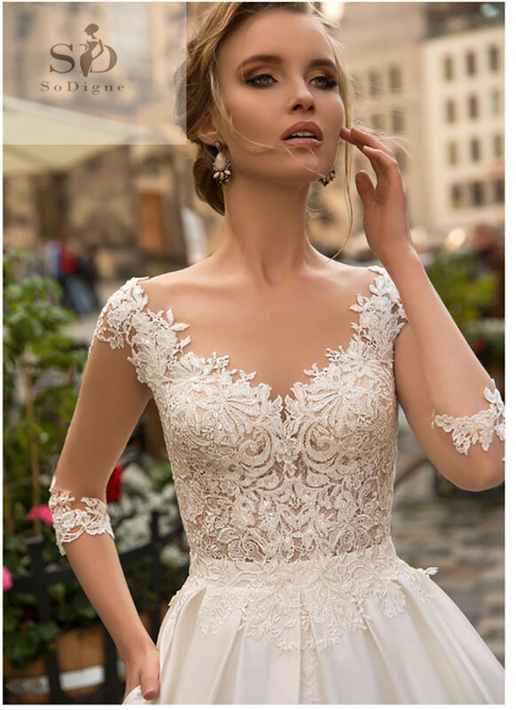 SoDigne 2023 July Wedding dress Long Sleeve Boho Bride Dresses For Women A Line Ivory Lace Appliques Satin Wedding Gown