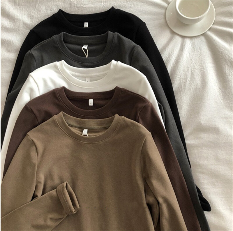 Lmq camiseta de algodão com cor sólida, camiseta feminina com manga comprida e gola redonda, blusa básica grossa macia para outono