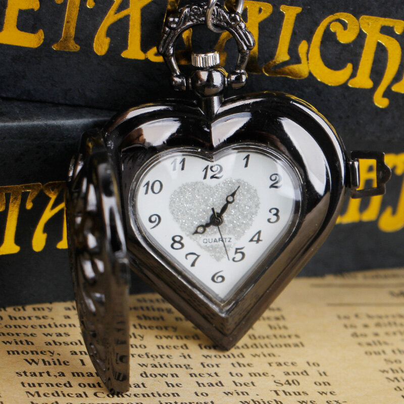 하트 모양 쿼츠 포켓 시계, 포브 체인, 블랙 할로우 조각, 선물, 드롭 배송