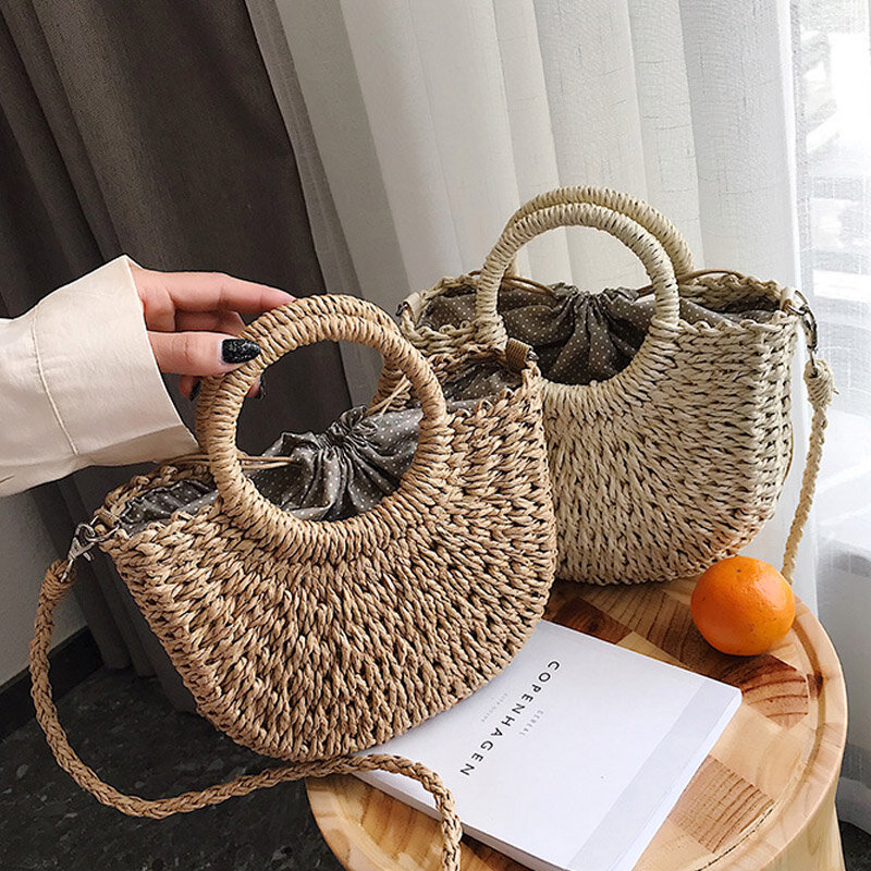 Пляжная плетеная Сумка ручной работы, круглая соломенная сумочка-тоут в богемном стиле, Роскошный дизайнерский плетеный мешок