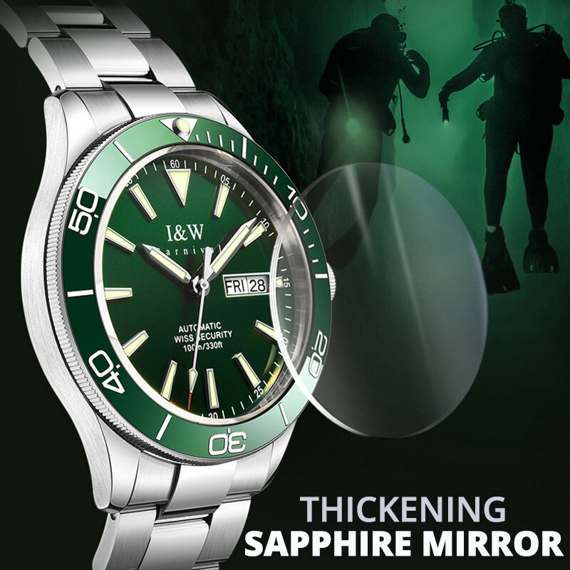 Montres de luxe pour hommes, Top marque I & W 100m étanche montre de plongée SEIKO mouvement saphir montre-bracelet mécanique calendrier lumineux