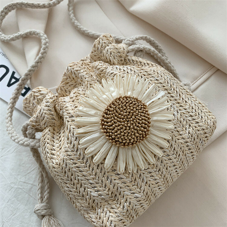 Новая летняя пляжная плетеная Сумка с подсолнухами, круглая соломенная сумка ручной работы, женская пляжная сумка