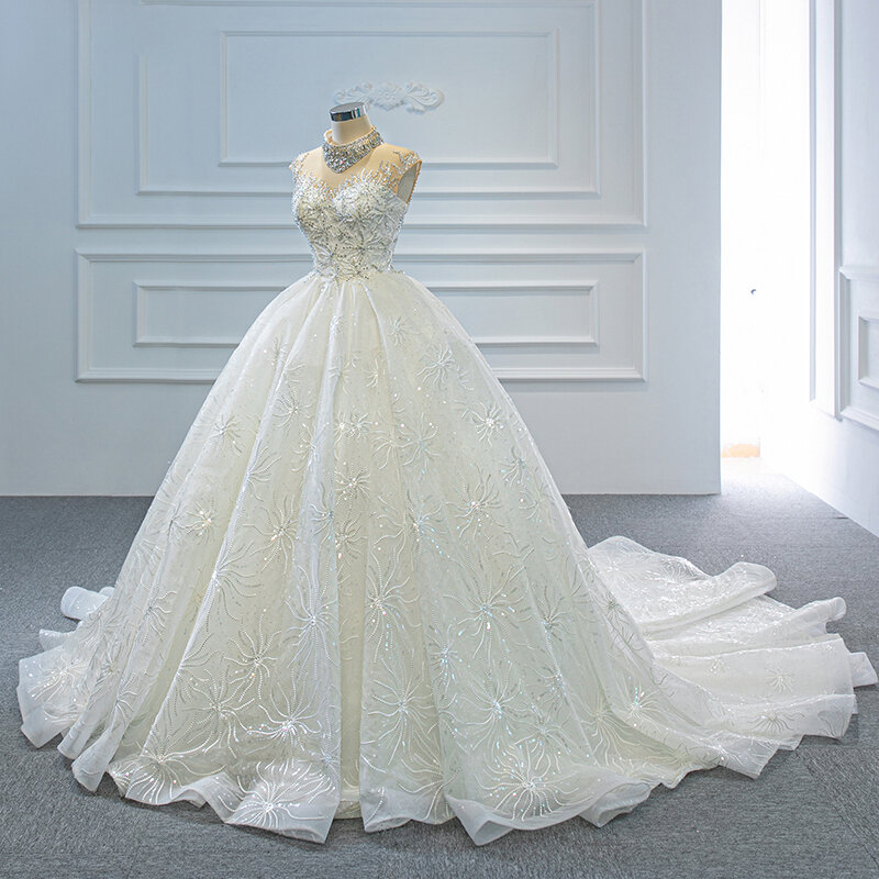 J67118 jancember branco vestidos de casamento 2020 cristal decote alto sem mangas frisado vestido de festa de boda с2020