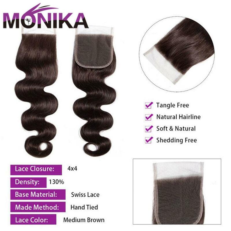 Perruque Lace Closure brésilienne non-remy – Monika, cheveux naturels, Body Wave, brun 2 #4 #4x4, Swiss Lace Closure