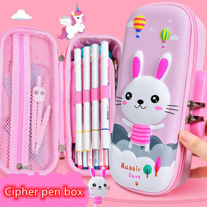 Estuches de lápices para niña, estuche de gran capacidad con dibujos animados de animales en 3D, color rosa, caja de papelería con cerradura codificada, bolsa de almacenamiento escolar para el hogar y la Oficina
