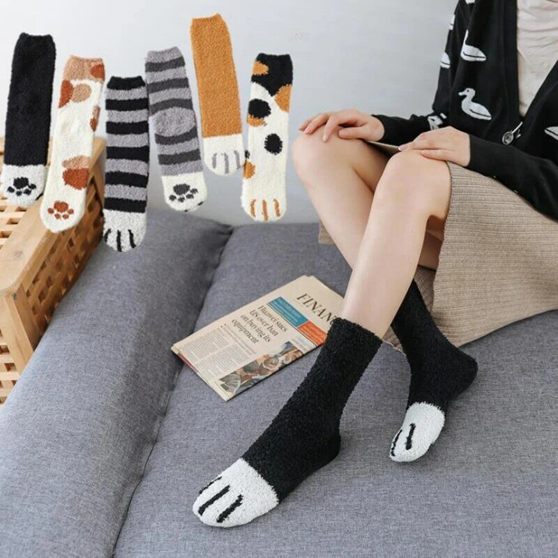 여성용 고양이 발 줄무늬 3D 양말, 귀여운 두꺼운 소녀 만화 동물 손가락 양말, 양말 양말, 발가락 얼룩말, 호랑이, 고양이 발 삭스, 패션