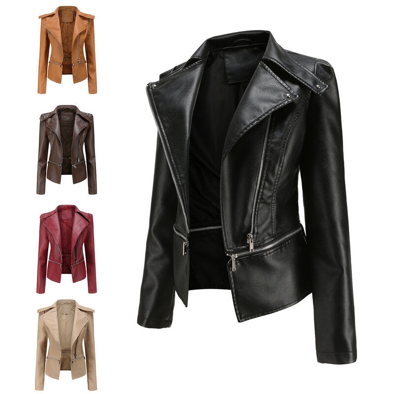 女性の合成皮革の春と秋のジャケット,カジュアルな女性の革のコート,長袖の襟,頑丈なアウター
