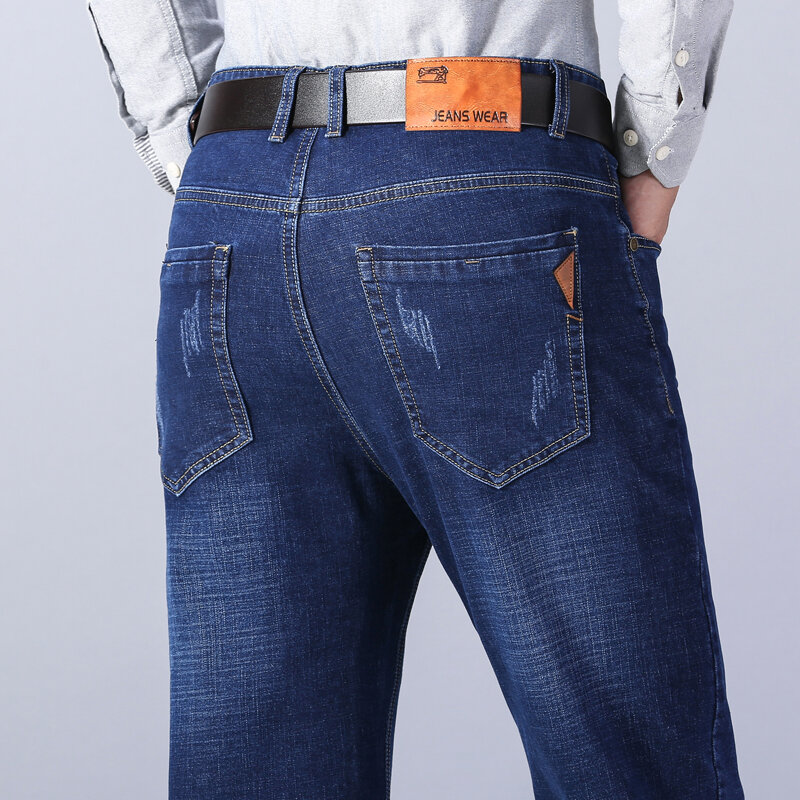 Брендовые мужские джинсы высокого качества 2023 облегающие прямые деловые повседневные Черные синие эластичные хлопковые джинсовые брюки мужские брюки
