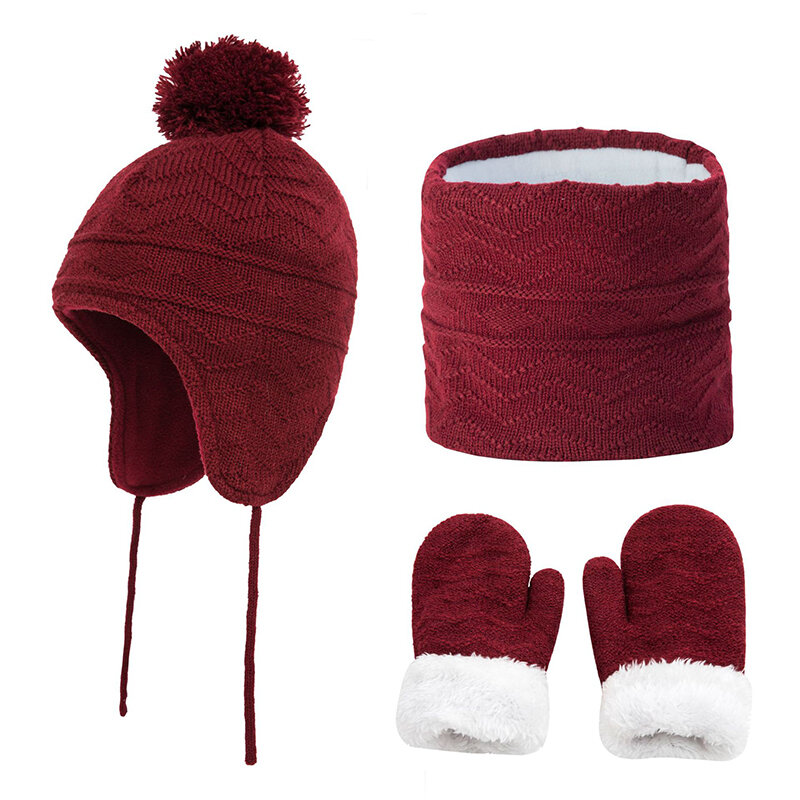ฤดูหนาวหมวกผ้าพันคอถุงมือชุดเด็ก Earflap Beanie ขนแกะฤดูใบไม้ร่วงเล่นสกีกลางแจ้งอุปกรณ์เสริมสำหรับทารก