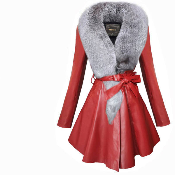 Fashion Real Sheepskin trench outwear Wash-Free Imitation Rabbit Fur Glossy PU woman Leather Coat Long
