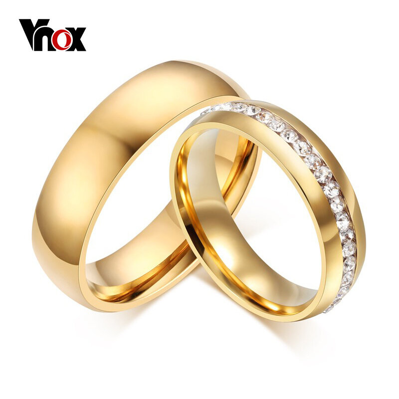 Vnox Emas-warna Wedding Band Engagement Ring Wanita Pria Perhiasan 6mm Stainless Steel Cincin Ukuran AS 5 untuk 13