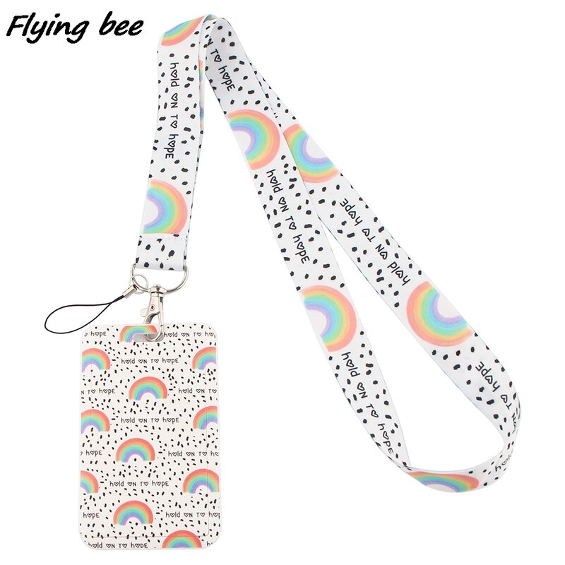 Flyingbee-cordão criativo de arco-íris x1299, suporte para cartões de celular, cordão para estudantes com espaço para cartões de acesso para metrô