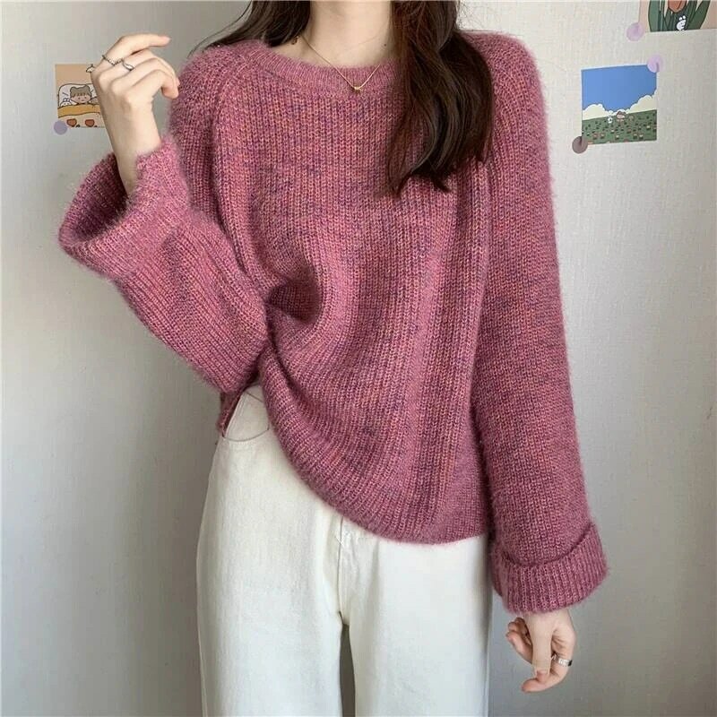 2021 Sweter Wanita Rajutan Perempuan Padat Elegan Malas Leher-o Mode Pullover Kantor Wanita Kasual Atasan Antik Sweater Rajutan