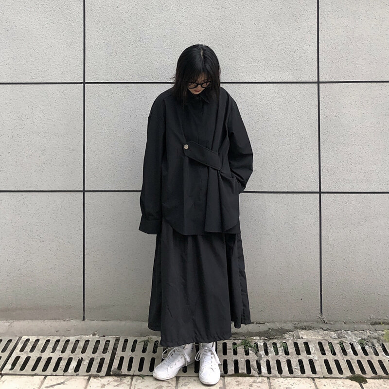 Phong Cách Hàn Quốc Mới Thời Trang Nữ Áo Bông Tai Kẹp Dạo Phố Gót Giày Cao Cấp Vintage Punk Tay Dài Màu Đen Nút Lên Áo Sơ Mi 2020