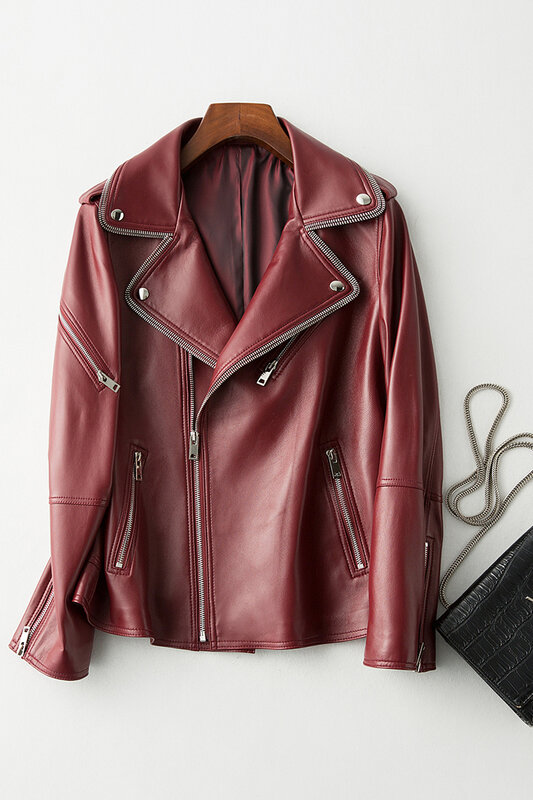 2020新革のジャケットの女性100% シープスキンのコート春秋のオートバイのバイカージャケットvesteファムR6913