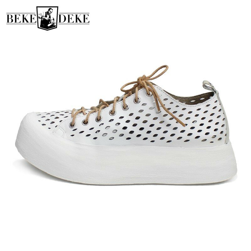 Out Summer Mens Breathable Hollow Cow Genuine Leather Thick Platform Shoes High Street Casual Lace Up Sneakers Sandals