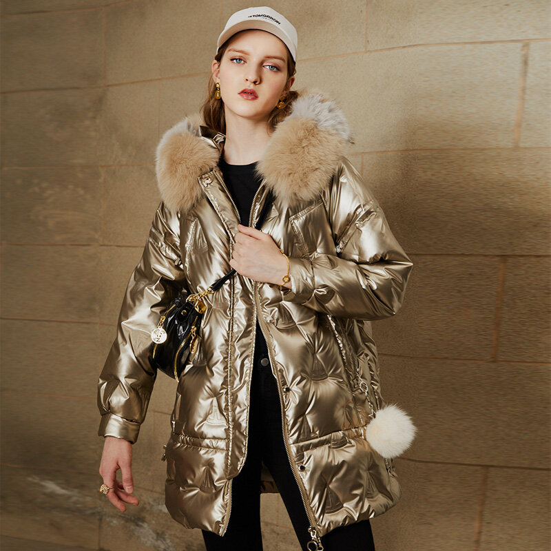 Large Natural Fox Fur Hooded Shiny Jacket 2023 New 90% Duck Down Coat women Long Golden Female Winter Down Parkas Waterproof