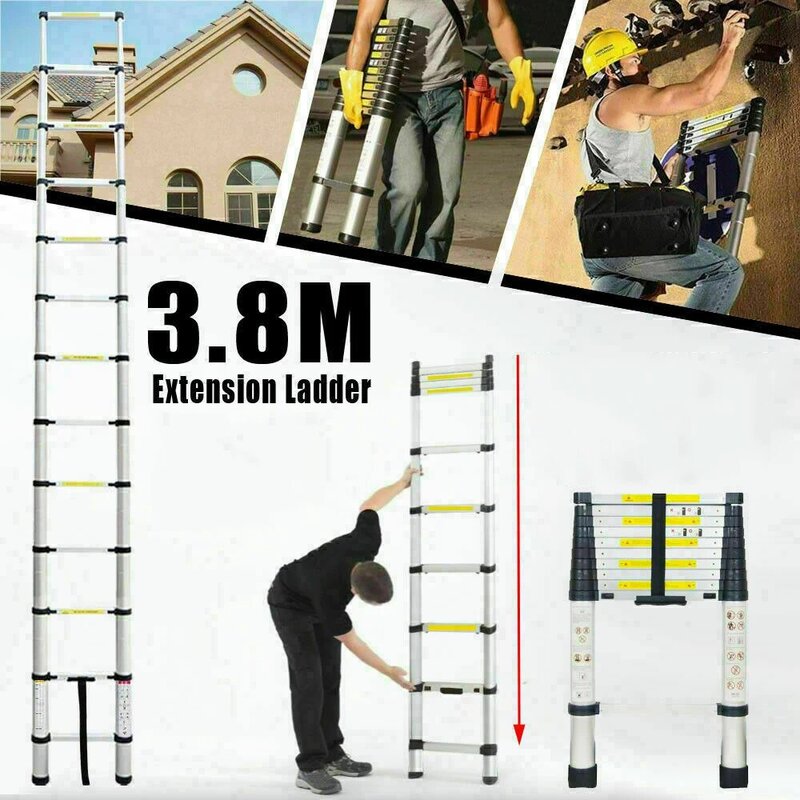 Escalera de extensión telescópica de 3,8 m/12,5 pies, recto individual, retráctil, multiusos, plegable, de aluminio, para el hogar