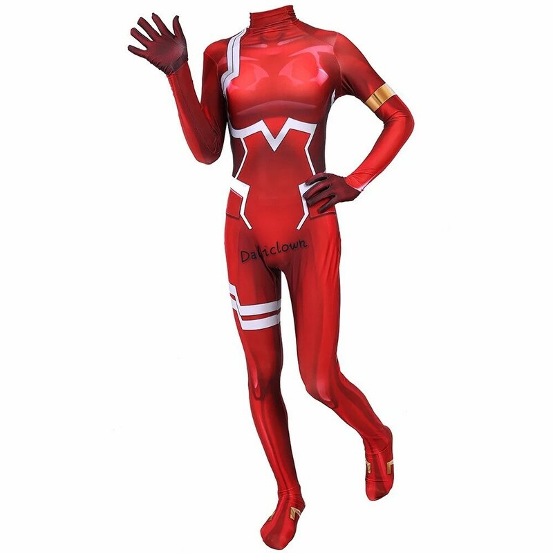 Женский костюм для косплея аниме Zero Two, костюм на Хэллоуин с париком и 3D-принтом, костюм зентай