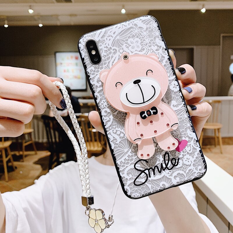 Cute Lace Bear Rabbit Flower Case For Samsung Galaxy A70 A50 A80 A90 A40 A30 A20 M10 M20 M30 Girl Makeup Mirror Lanyard Strap