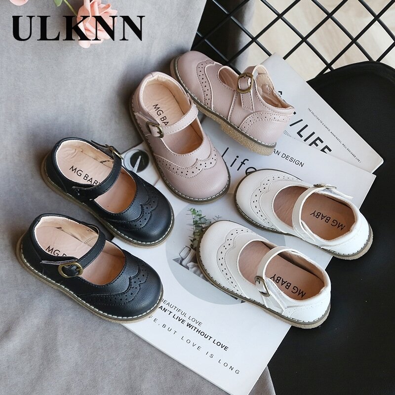 ULKNN New Grils Leather Shoes Casual Girls Autumn Winter Kids Pu Show White Shoes Children's  Black Pink size 21-30 Flats