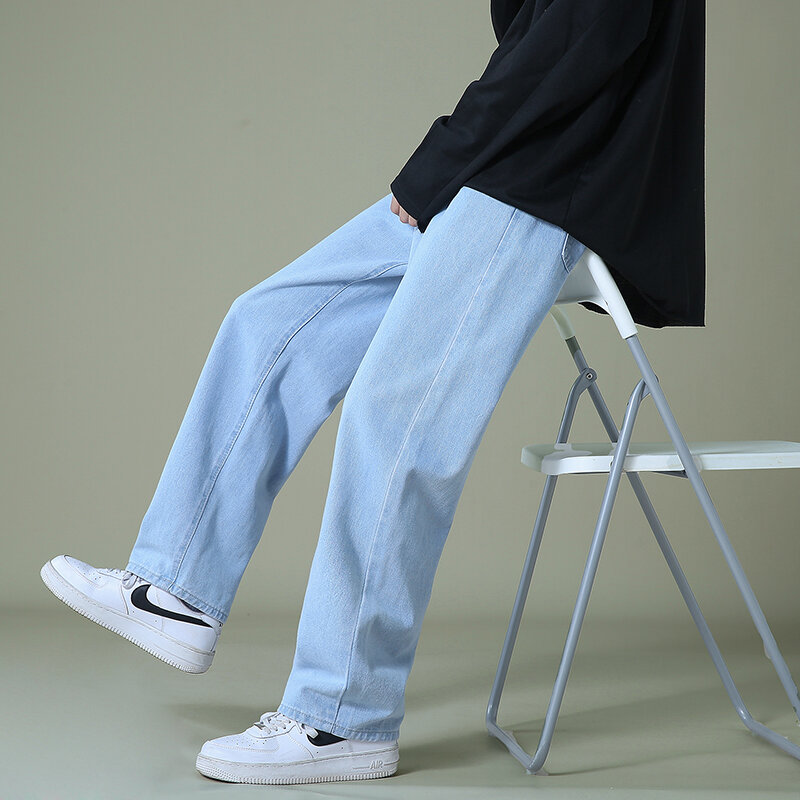 Neue Herbst Männer Denim Hose mit weitem Bein koreanischen Stil gerade hellblaue Baggy Jeans elastische Taille Studenten hose männlich schwarz grau