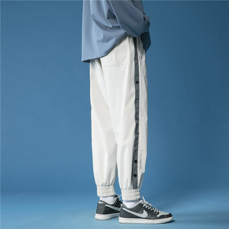 Clássico jogger calças dos homens cortar dividir lado calças longas coreano botões de moda perna larga baggy elegante casual stre