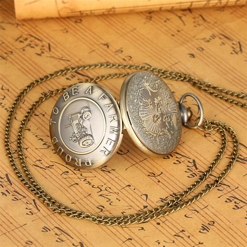 Antique Bronze Agricultural Vehicles Design Quartz Pocket Watch Retro Arabic Numerals Display Sweater Necklace Pendant Watches