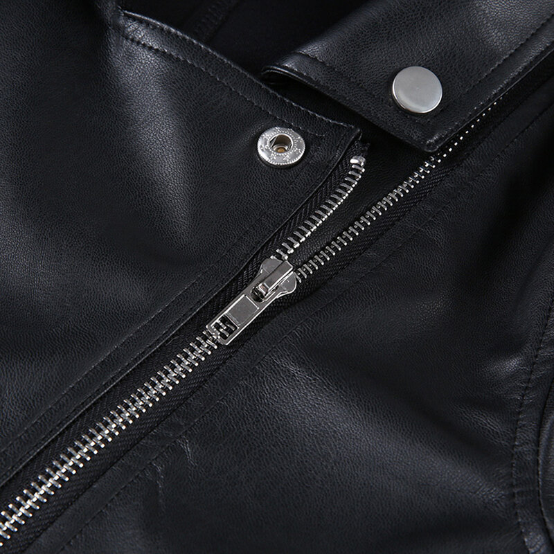 Chic Punk Women Jacket Diagonal Zip Cuff Buttons Decor Micro Motorcycle Jacket Biker Faux Leather Girl Short Jacket