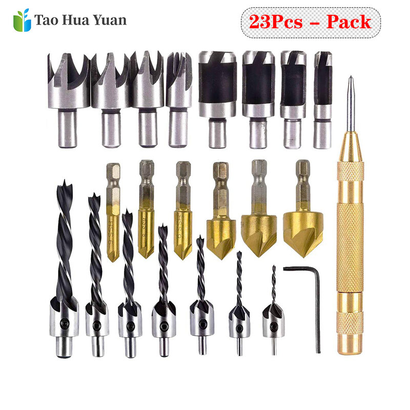 23-Pack Woodworking Chamfer Drilling Tool Countersink Drill Bits Wood Plug cutter/Automatic Power Tools Accessories Hand Tool AA