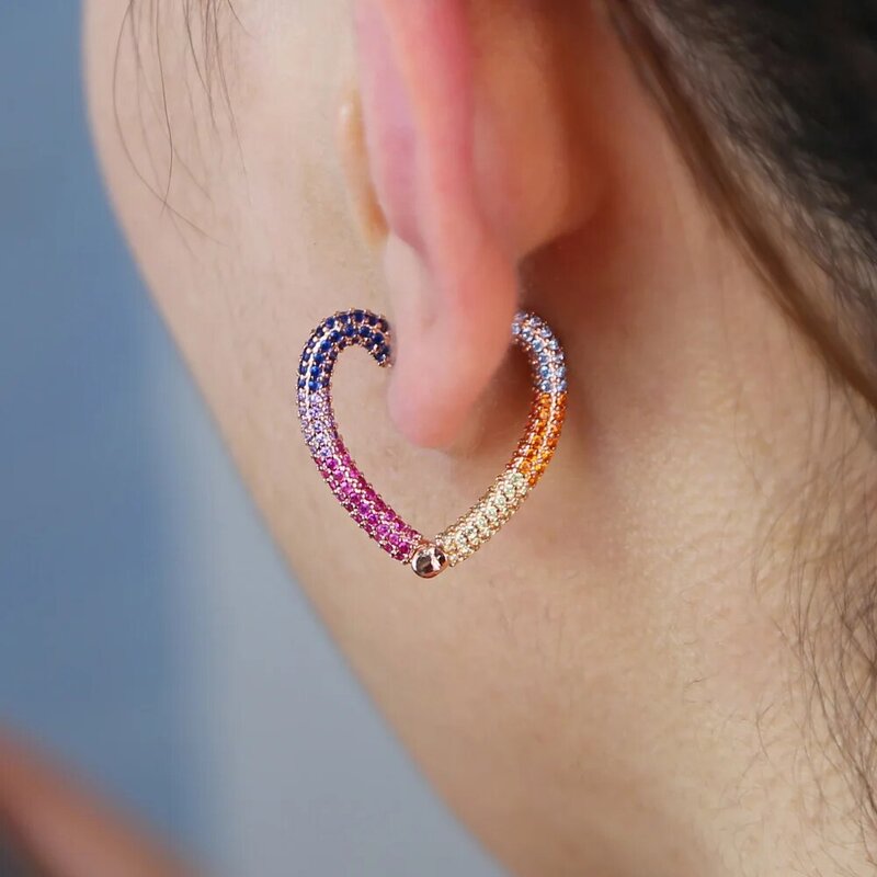 2020 summer new arrived rose gold colorful rainbow cz heart hoop earrings 5a cubic zirconia lovely heart fashion women jewelry