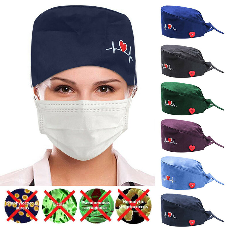 Gorros quirúrgicos médicos respirables de algodón ajustable de impresión azul farmacia dentista mascota Doctor hombres y mujeres sombreros