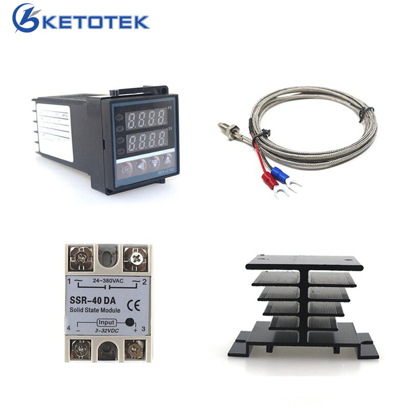 REX-C100 Digital Controlador de Temperatura PID, 40DA Relé SSR Saída Termostato Kit, K Sonda Termopar, dissipador de calor