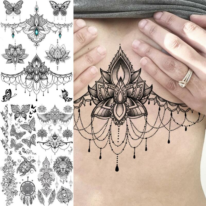 Лотоса серьги Henna Mandala грудь Временные татуировки для Для женщин обнаженной груди для взрослых бабочка черепаха Лев штаны с фальш-вставкой, сексуальный водостойкие татуировки
