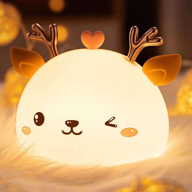 USB Rechargeable LED Deer Night Lamp RGB Soft Silicone Touch Control Bedside Light Kids Children Cute Desk Lamps Bedroom Decor