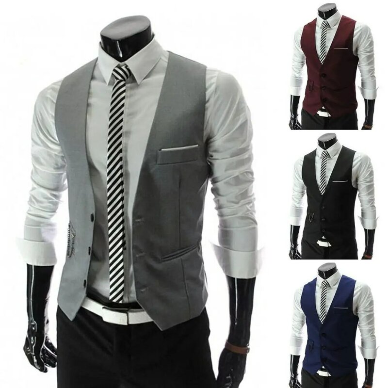 Chaleco de traje Simple sin mangas con bolsillos para hombres, ropa de trabajo Formal de negocios, Color sólido