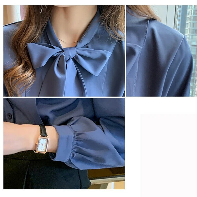 elegante cor brilhante arco cetim mulheres camisa blusa manga longa moda  coreano escritório senhoras trabalho camisa básica feminina tops