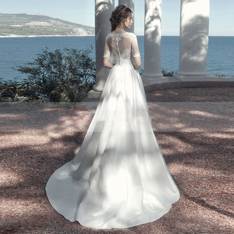 Moderne Kurzarm Hochzeit Kleider für Frauen Applique V-ausschnitt Sweep Zug Liebsten Weiß Brautkleid Bodenlangen Vestido Novia