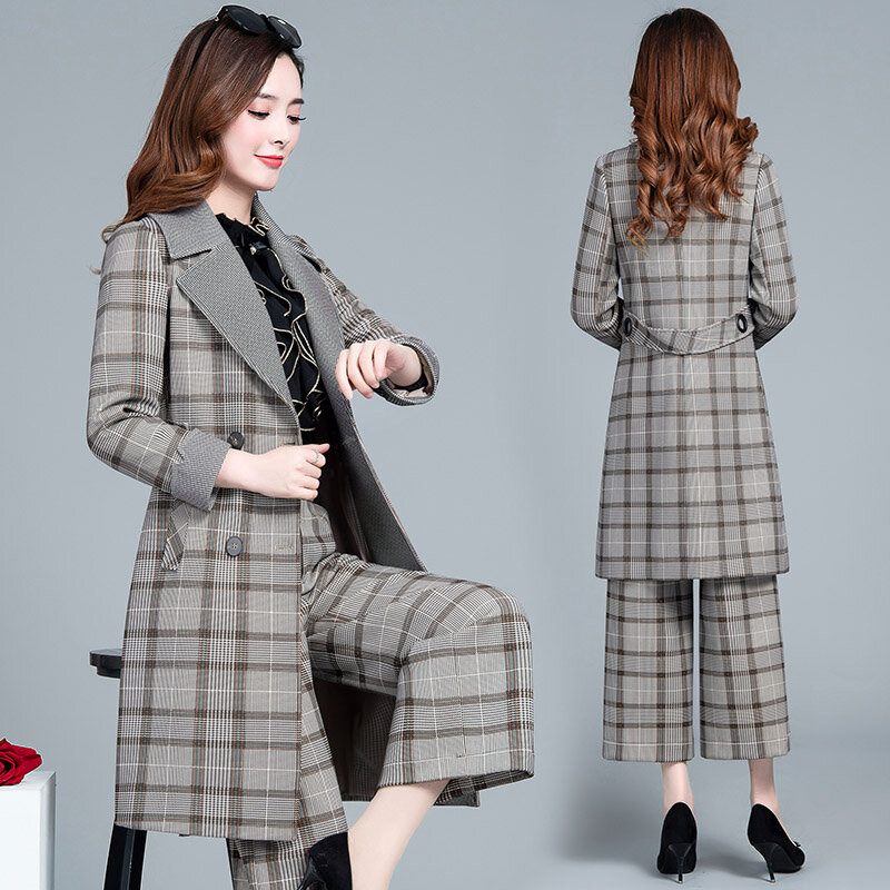 Conjunto de roupas femininas de duas peças, blazer formal para escritório com manga longa, cinza, elegante, 2020