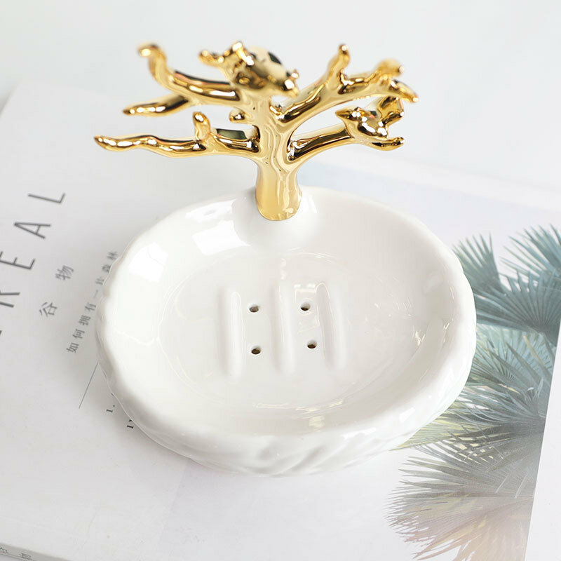 Portable Ceramics Soap Dish gold tree Shower Case Holder Container Storage Box Bathroom Accessories