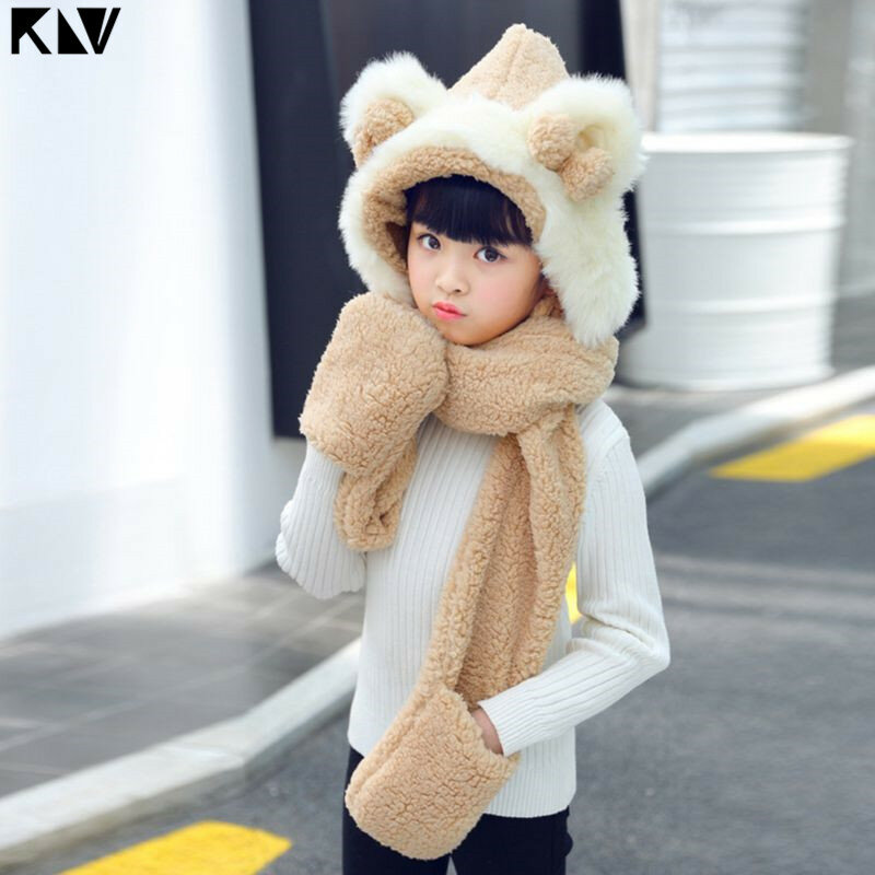 Klv crianças 3 em 1 chapéu de inverno de pelúcia quente laço orelhas de urso cachecol luvas capuz
