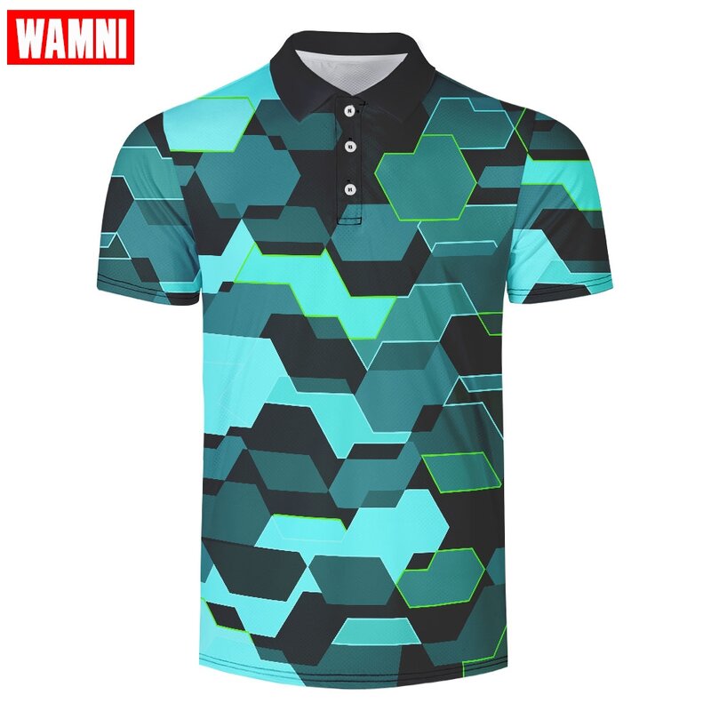 WAMNI 3D Tennis T Shirt Camouflage Casual Sport Striped Turn-down Collar Male Badminton Shirt Quick Drying -shirt