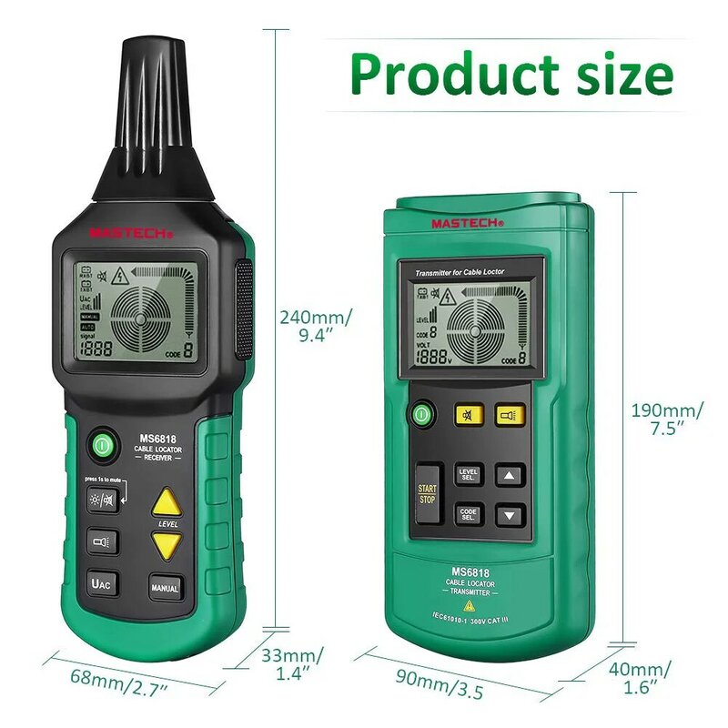 Mastech-MS6818 Portable Professional Wire Cable Tracker, Metal Pipe Locator Detector, Tester Line Tracker, Voltage12 ~ 400V