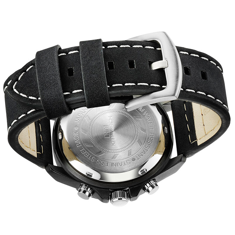 KT 럭셔리 브랜드 쿼츠 무브먼트 남성용 시계, 방수 다기능 밀리터리 대형 다이얼 손목시계, PU 가죽 스트랩 패션 선물